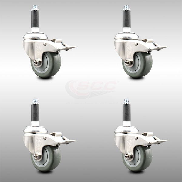 Service Caster 3 Inch 316SS Gray Poly Swivel 7/8 Inch Expanding Stem Caster Set Lock Brake SCC-SS316TTLEX20S314-PPUB-78-4 - main